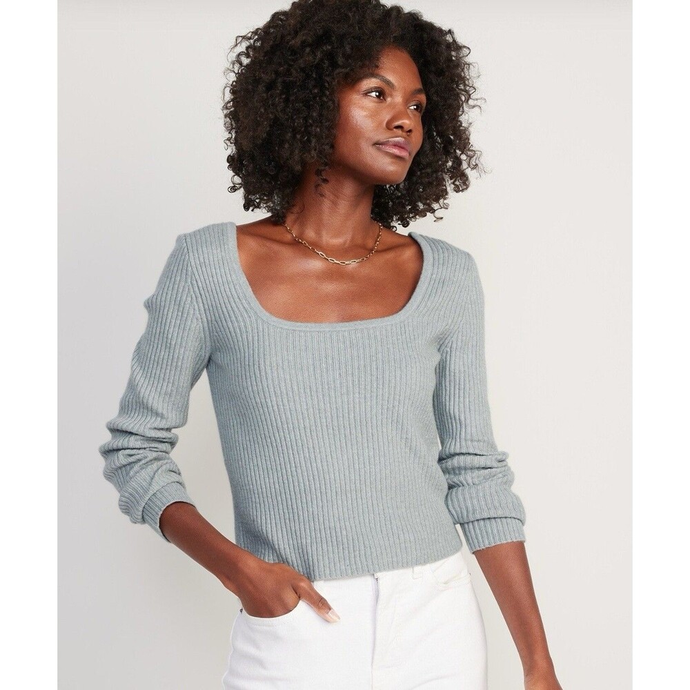 Old Navy Square Neck Crop Sweater Top 2X Gray Blue Ribbed L/S Cozy Cotton Soft